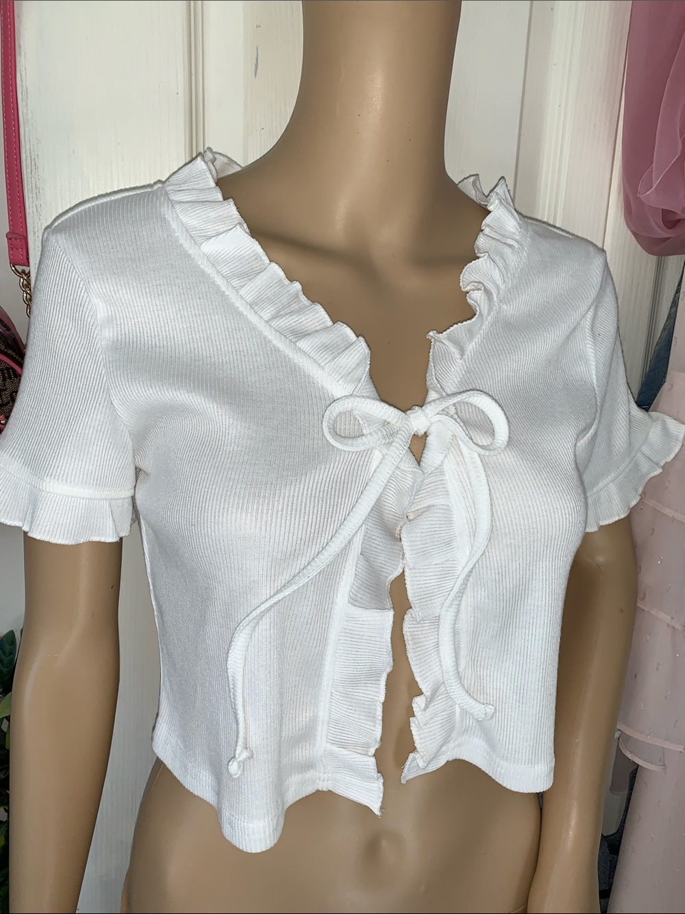 White ruffle short sleeve tie front crop cardigan jacket top M